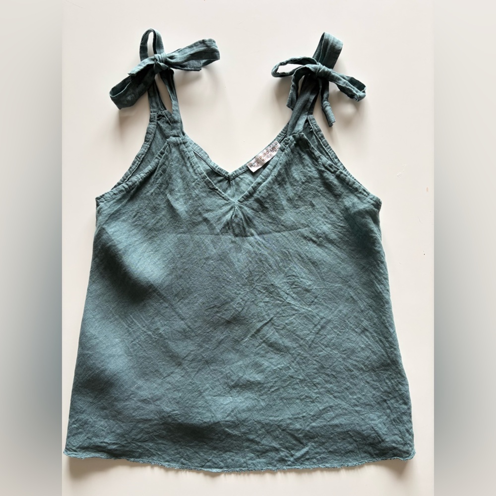 Pure Lino Italian Linen Tie-Strap Tank Top in Teal Size Small/Medium